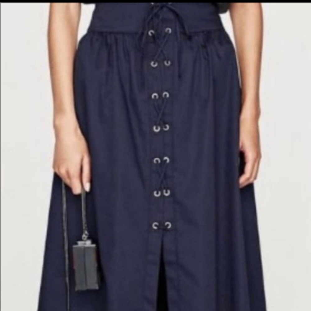 Zara midi Navy Lace Up Skirt with grommets size xs